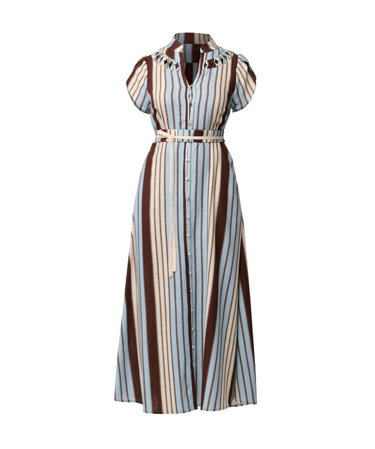 Once Was Catleya Linen Viscose Smock Detail Maci Dress - Iridescent Stripe