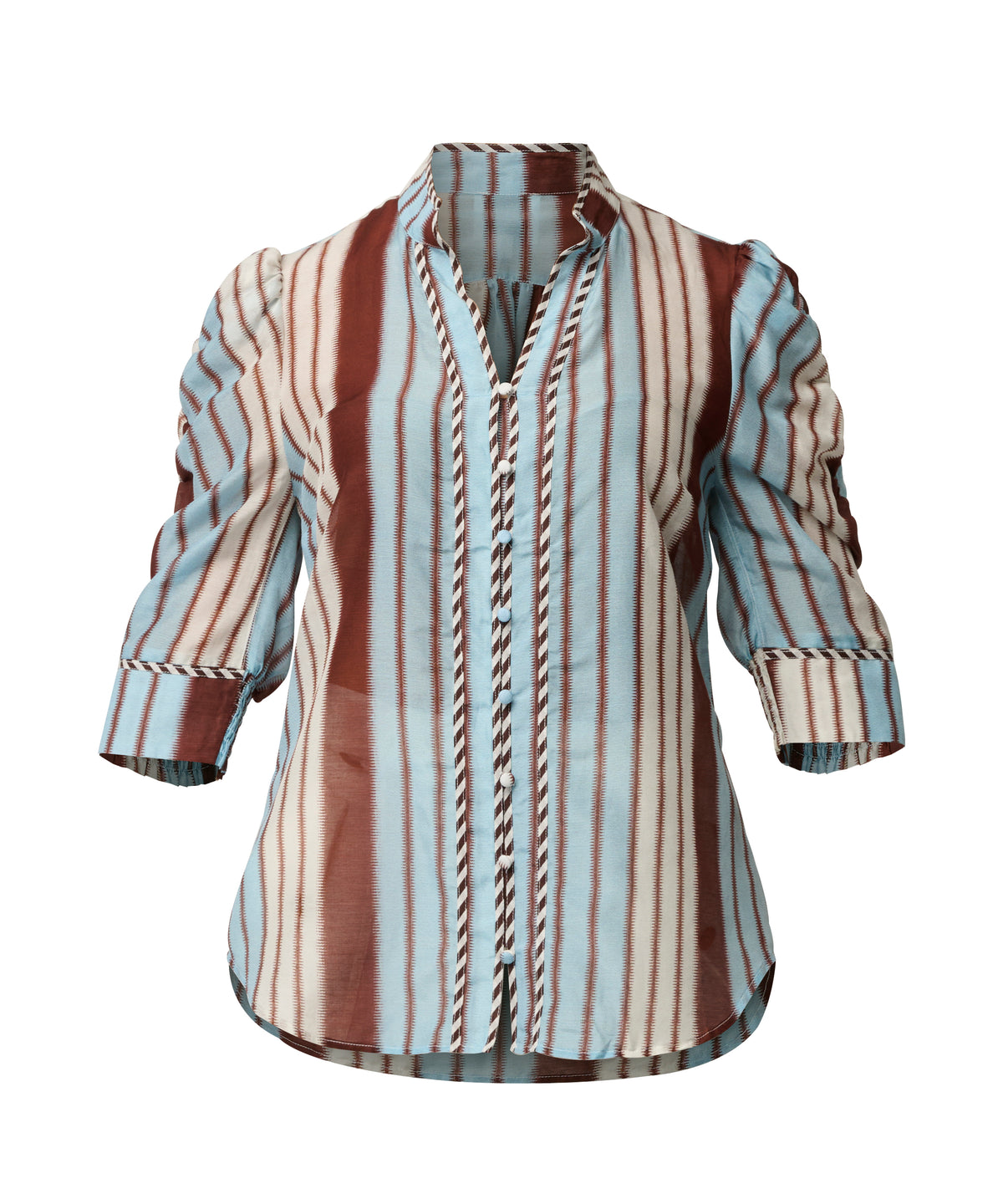 Once Was Calantha Cotton Silk Contrast Trim Blouse - Ruched - Iridescent Stripe