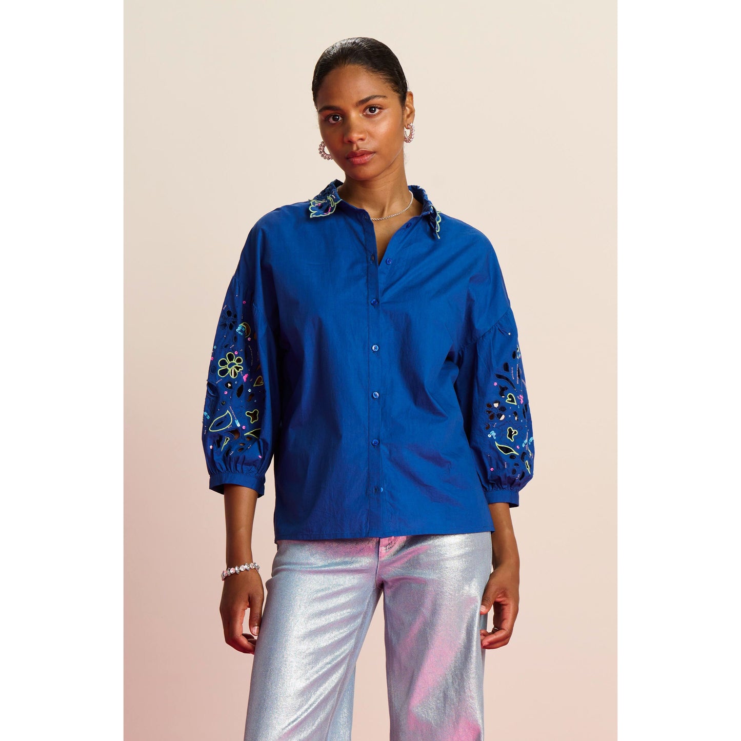 POM Embroidery ink blue blouse SP7745
