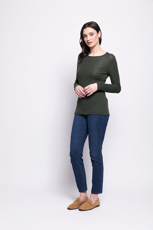 Foil Fine Merino Crew neck top (Black, Moss or Raisin)