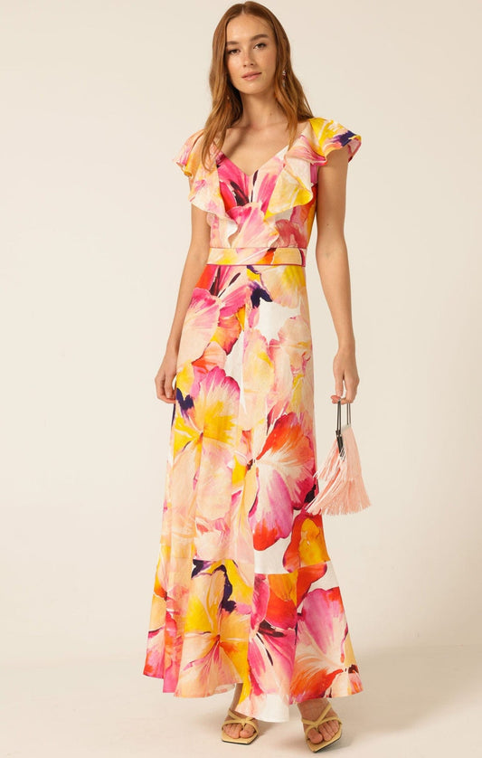 Sacha Drake Summer fiesta Maxi dress pink orange hibiscus