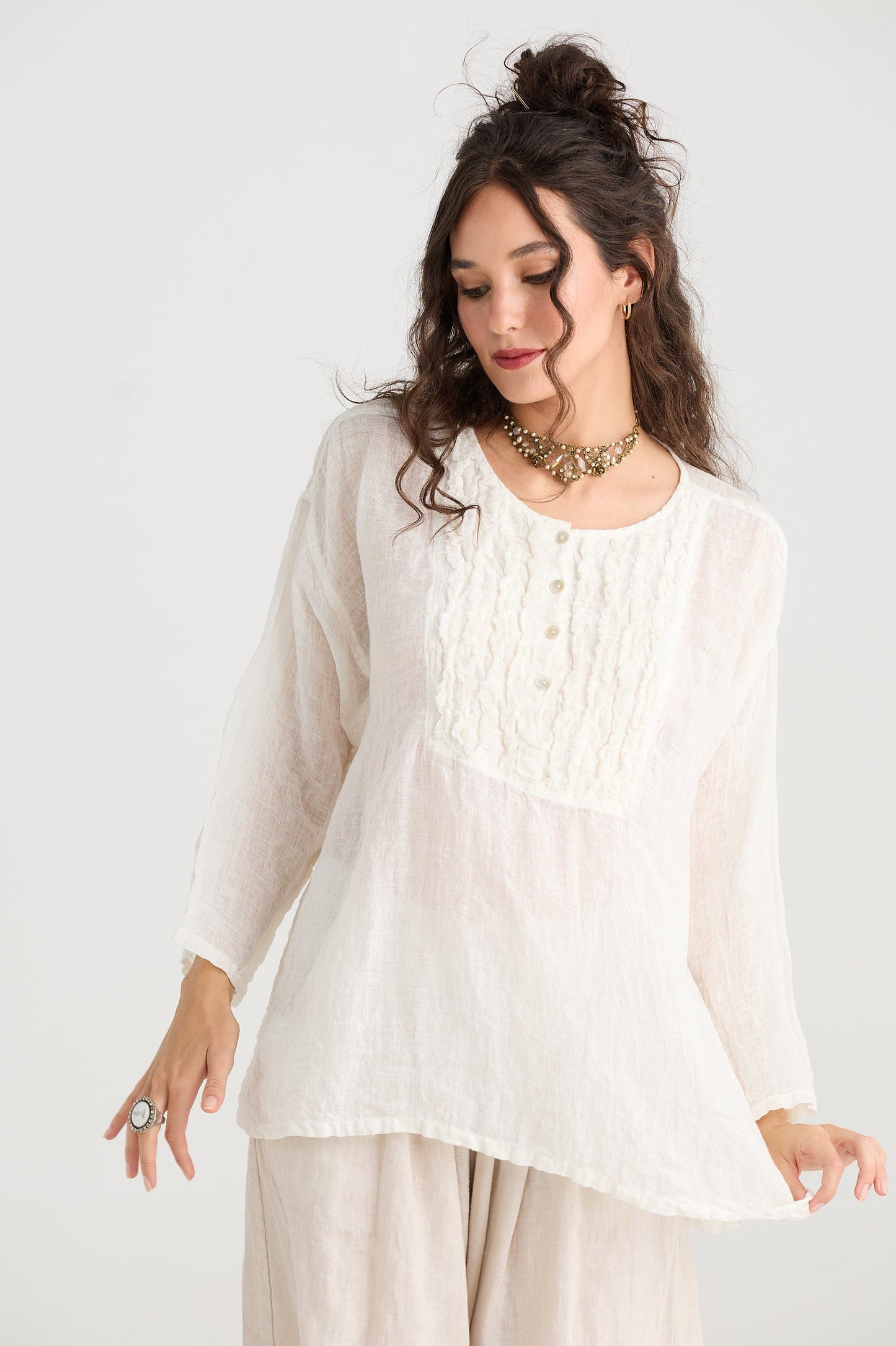 Ms Rose Sister Violet Florian Linen and Ruffled Top Coconut