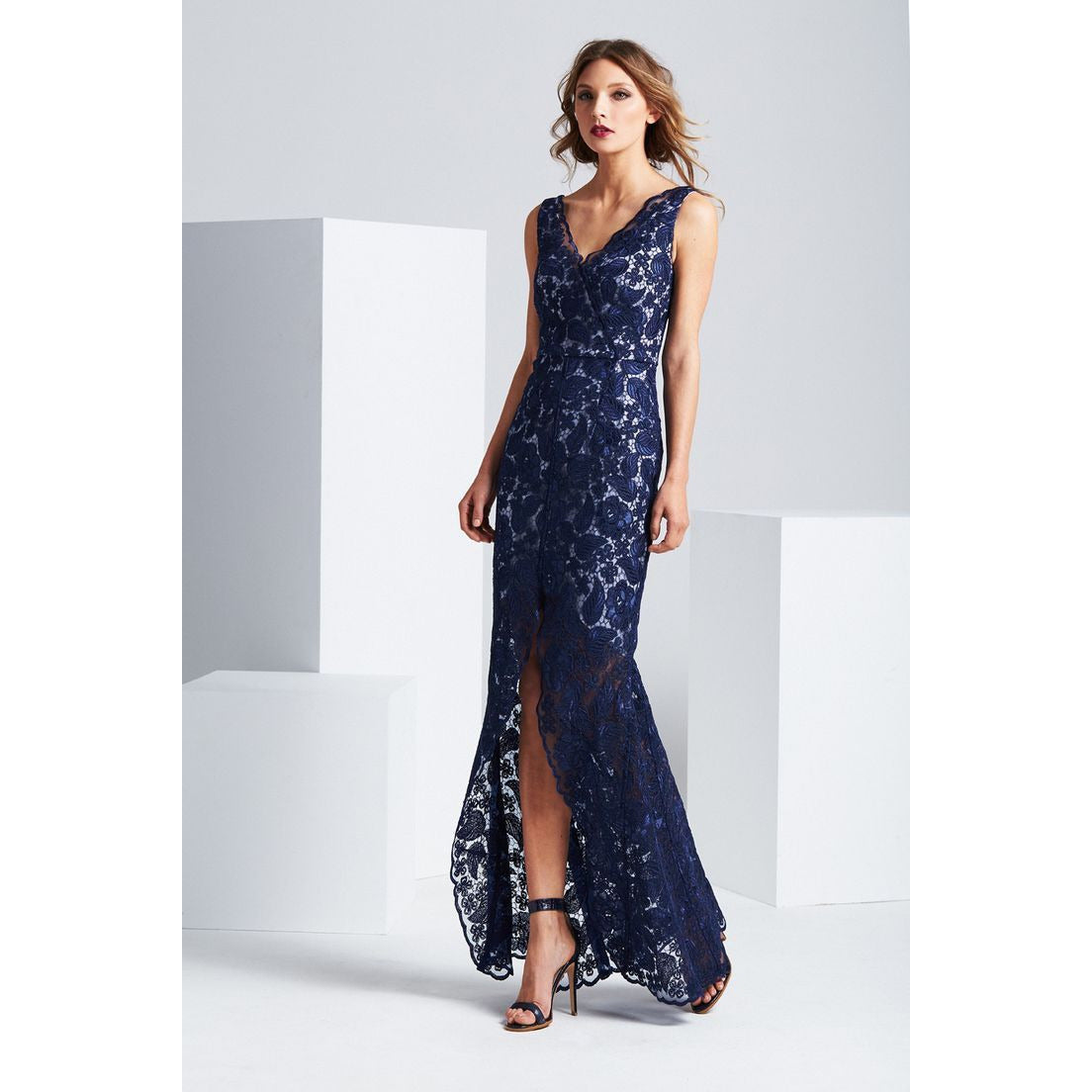 Moss and Spy Blue Lace Dress with fishtail