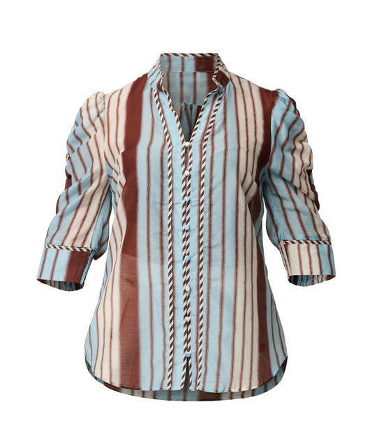 Once Was Calantha Cotton Silk Contrast Trim Blouse - Ruched - Iridescent Stripe