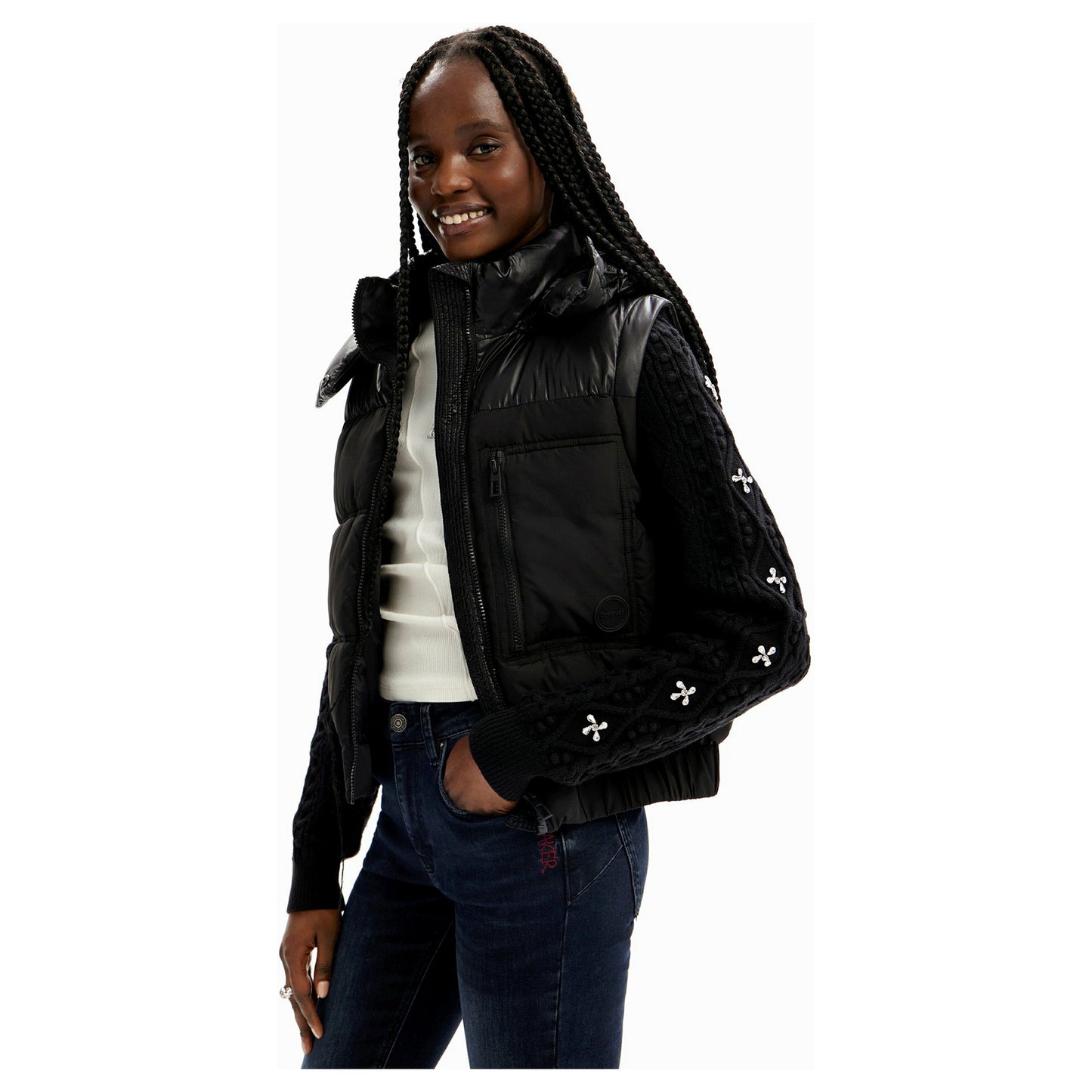 Desigual Black Woven Padded Short Overcoat 23WWEW55