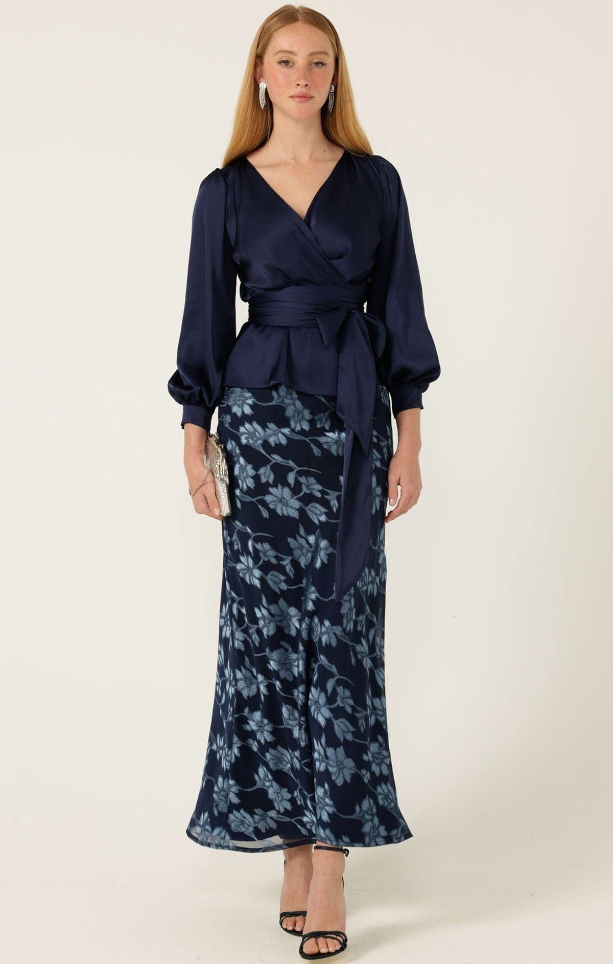 Sacha Drake Satin Faux Wrap Top in Navy