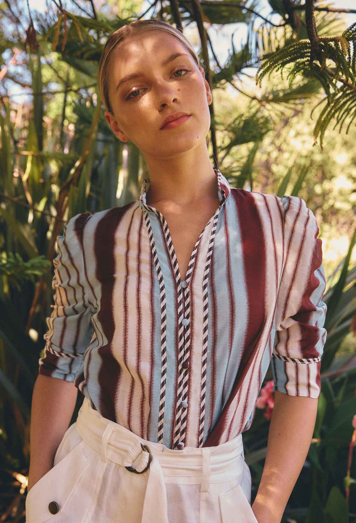 Once Was Calantha Cotton Silk Contrast Trim Blouse - Ruched - Iridescent Stripe