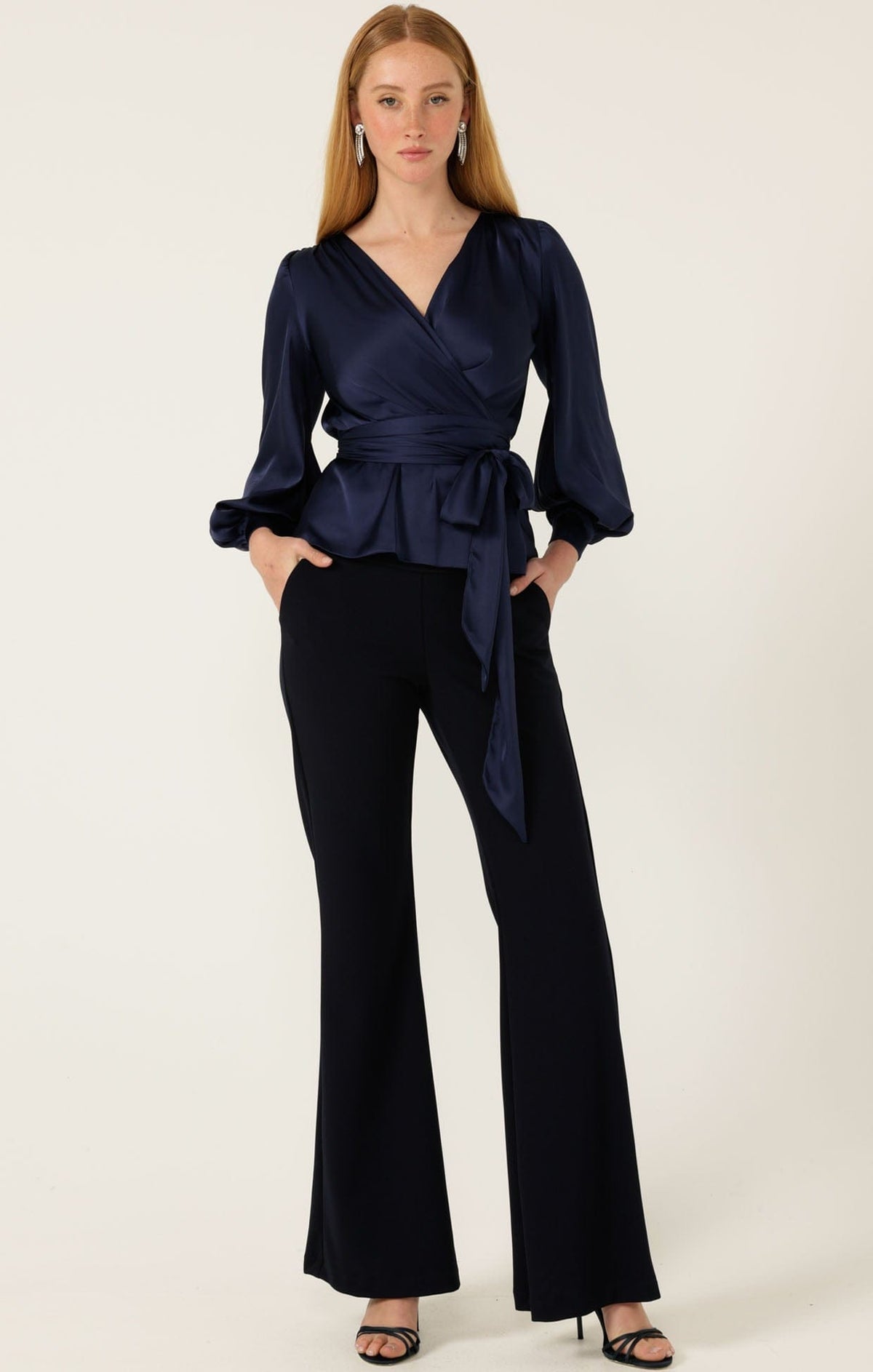 Sacha Drake Satin Faux Wrap Top in Navy