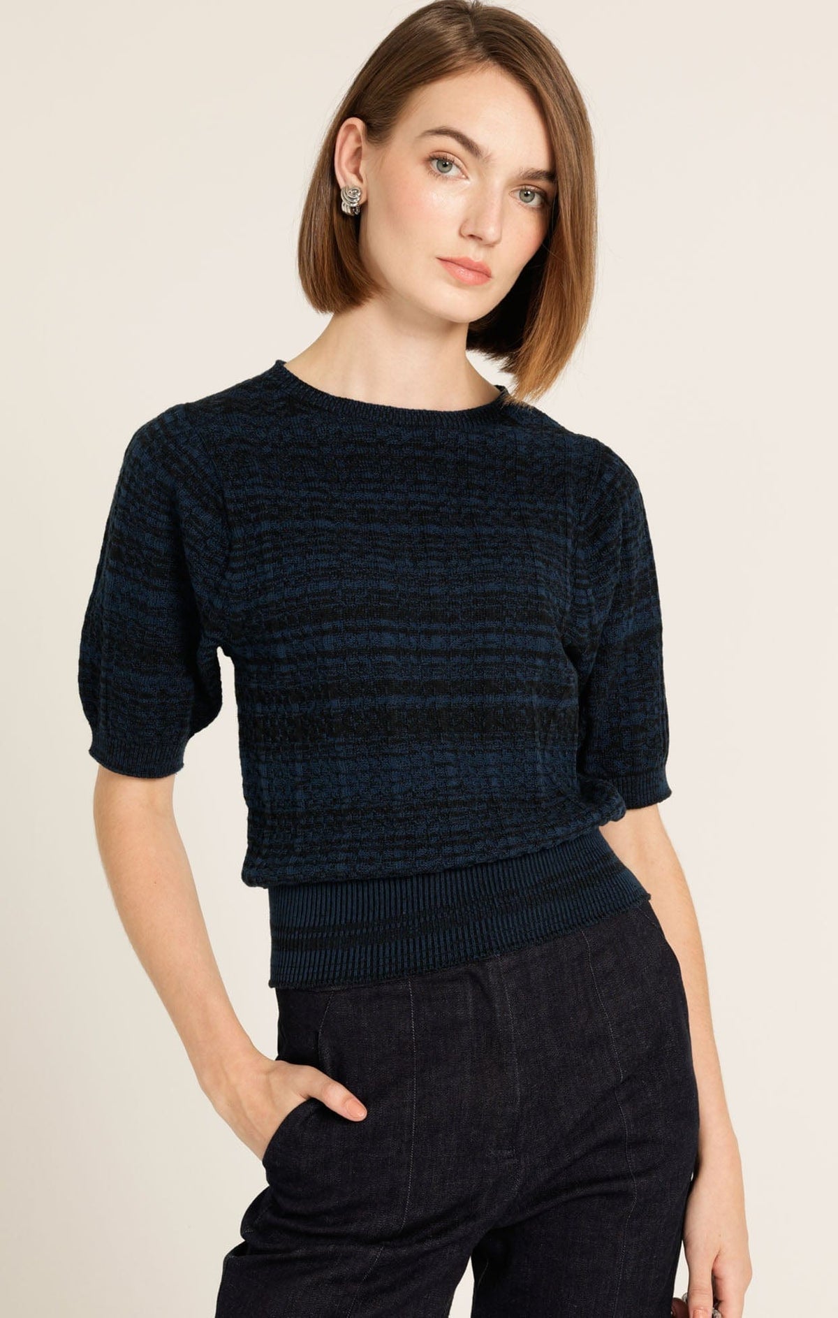Sacha Drake short sleeve Chevron knit top in ocean black