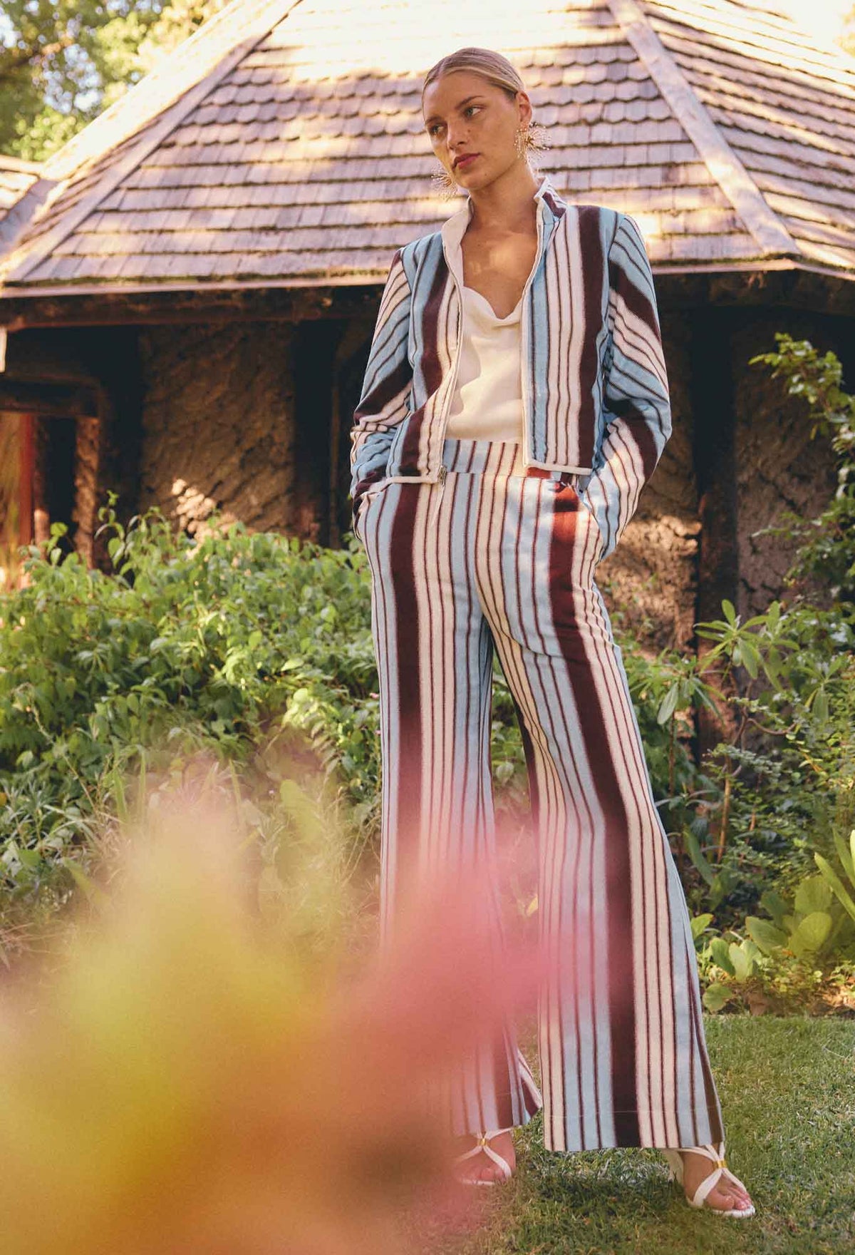 Once Was Delray Reversible Printed Linen Viscose Jacket - Nautilus Bloom/ Iridescent Stripe