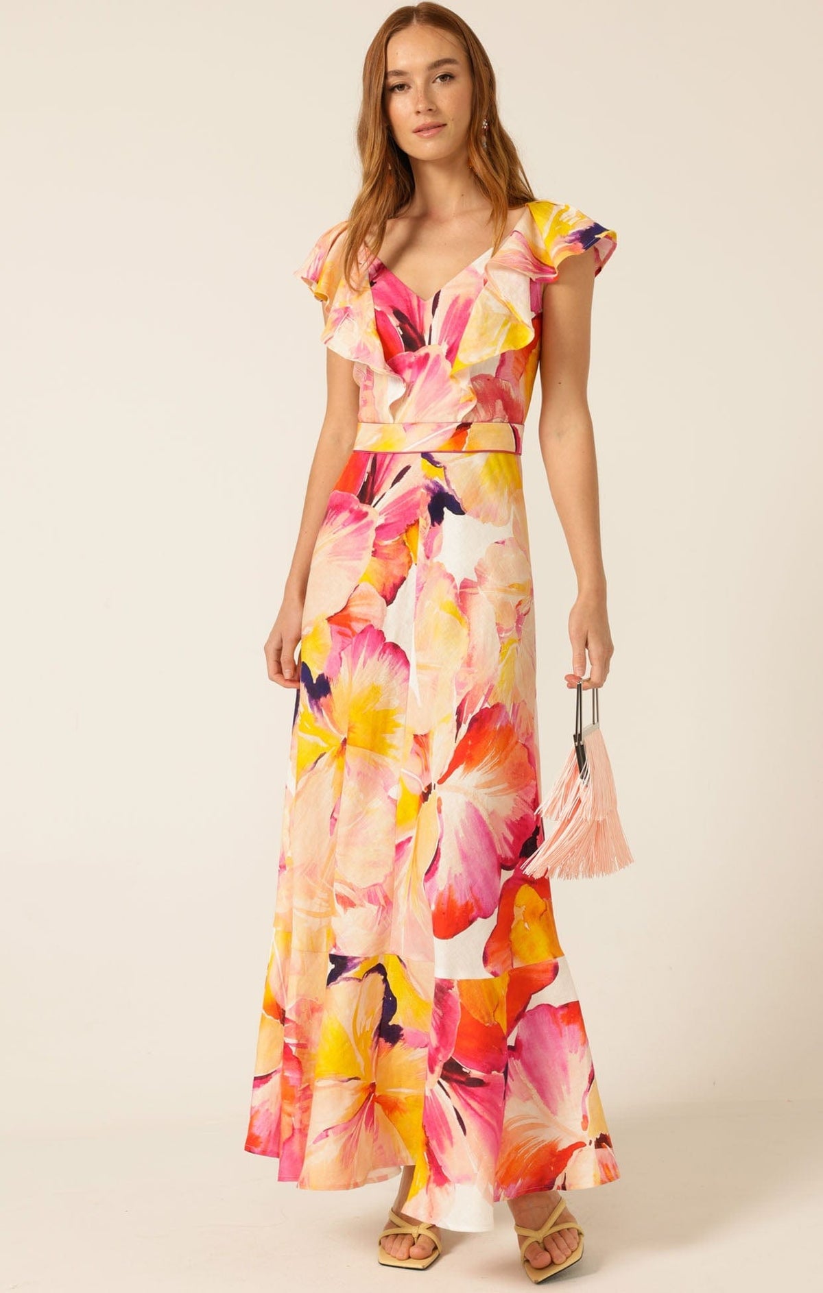 Sacha Drake Summer fiesta Maxi dress pink orange hibiscus