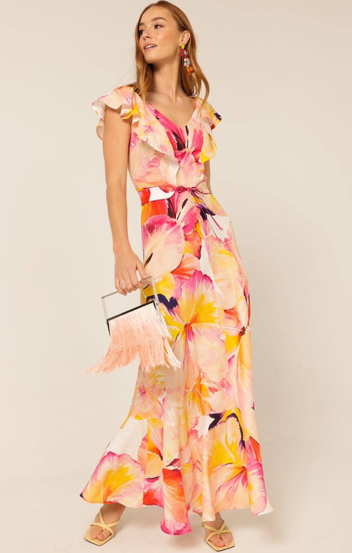 Sacha Drake Summer fiesta Maxi dress pink orange hibiscus