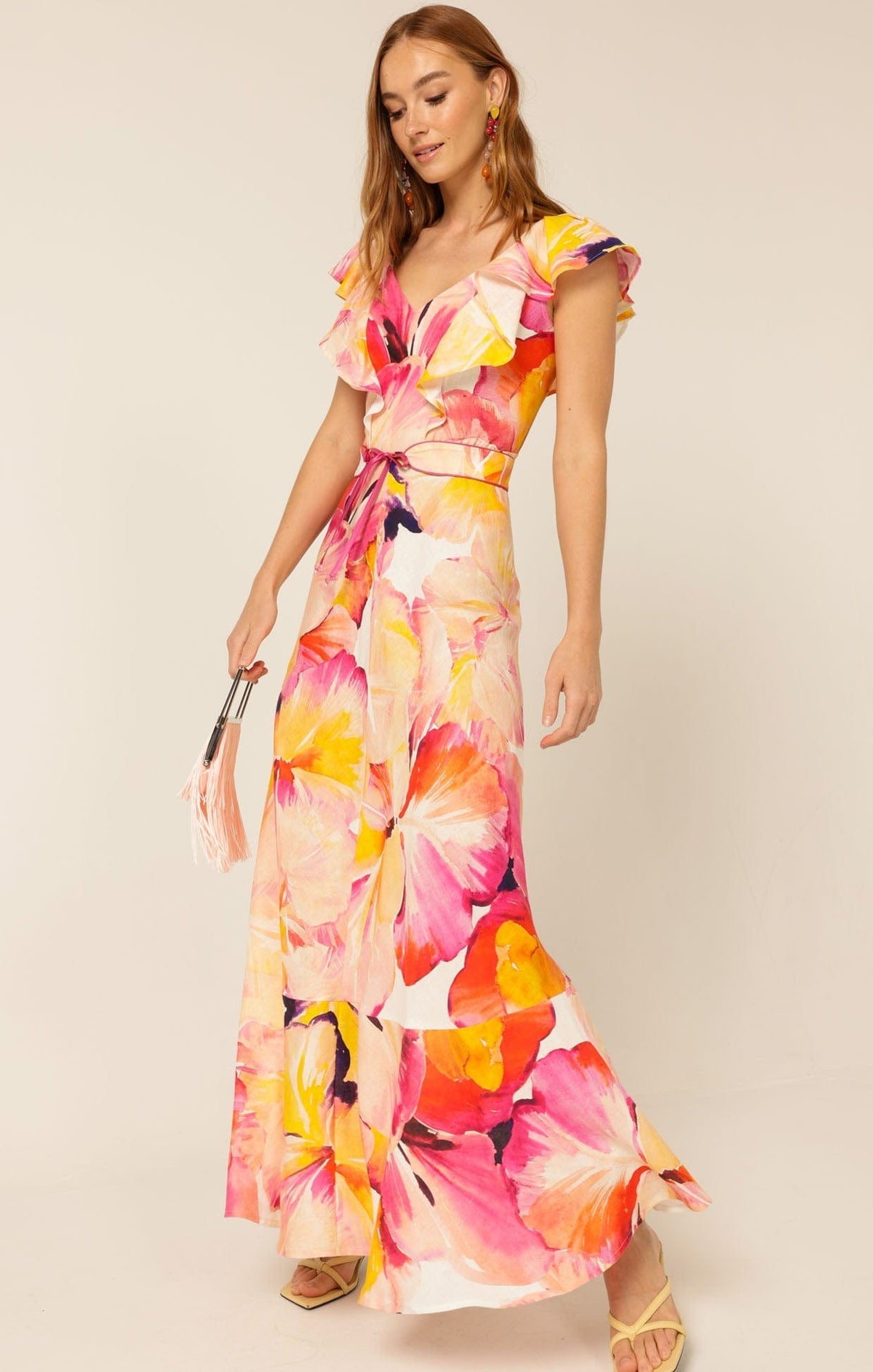 Sacha Drake Summer fiesta Maxi dress pink orange hibiscus