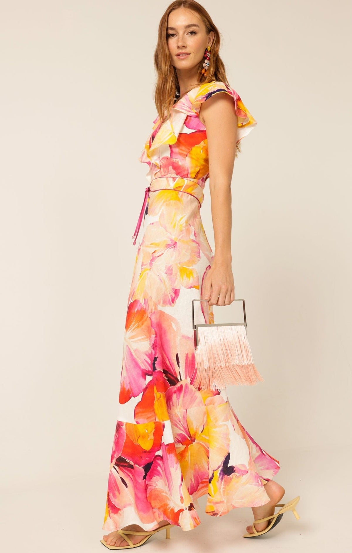 Sacha Drake Summer fiesta Maxi dress pink orange hibiscus
