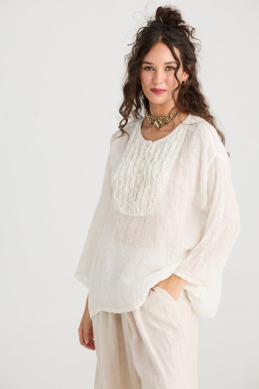 Ms Rose Sister Violet Florian Linen and Ruffled Top Coconut