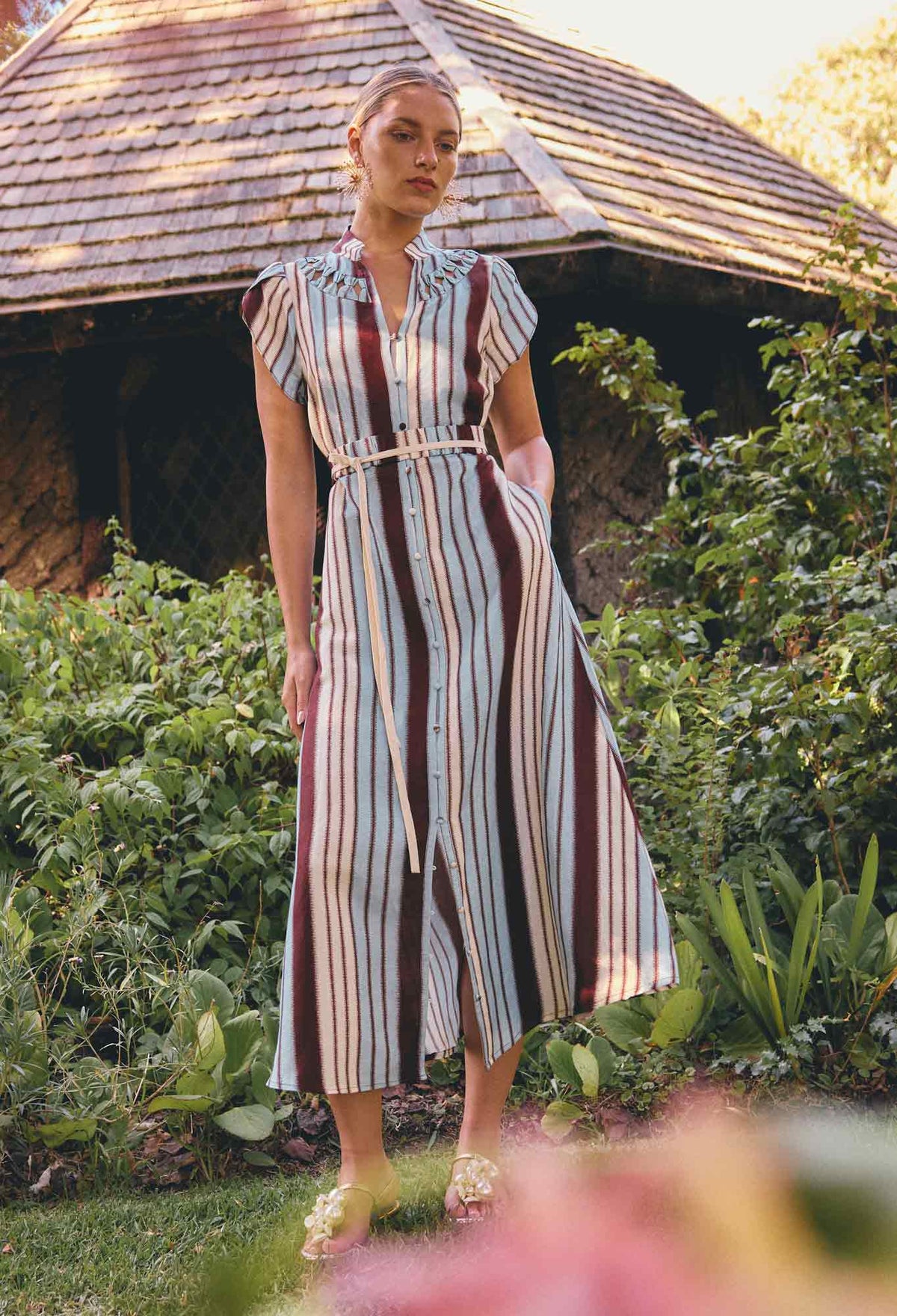 Once Was Catleya Linen Viscose Smock Detail Maci Dress - Iridescent Stripe