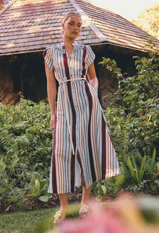 Once Was Catleya Linen Viscose Smock Detail Maci Dress - Iridescent Stripe