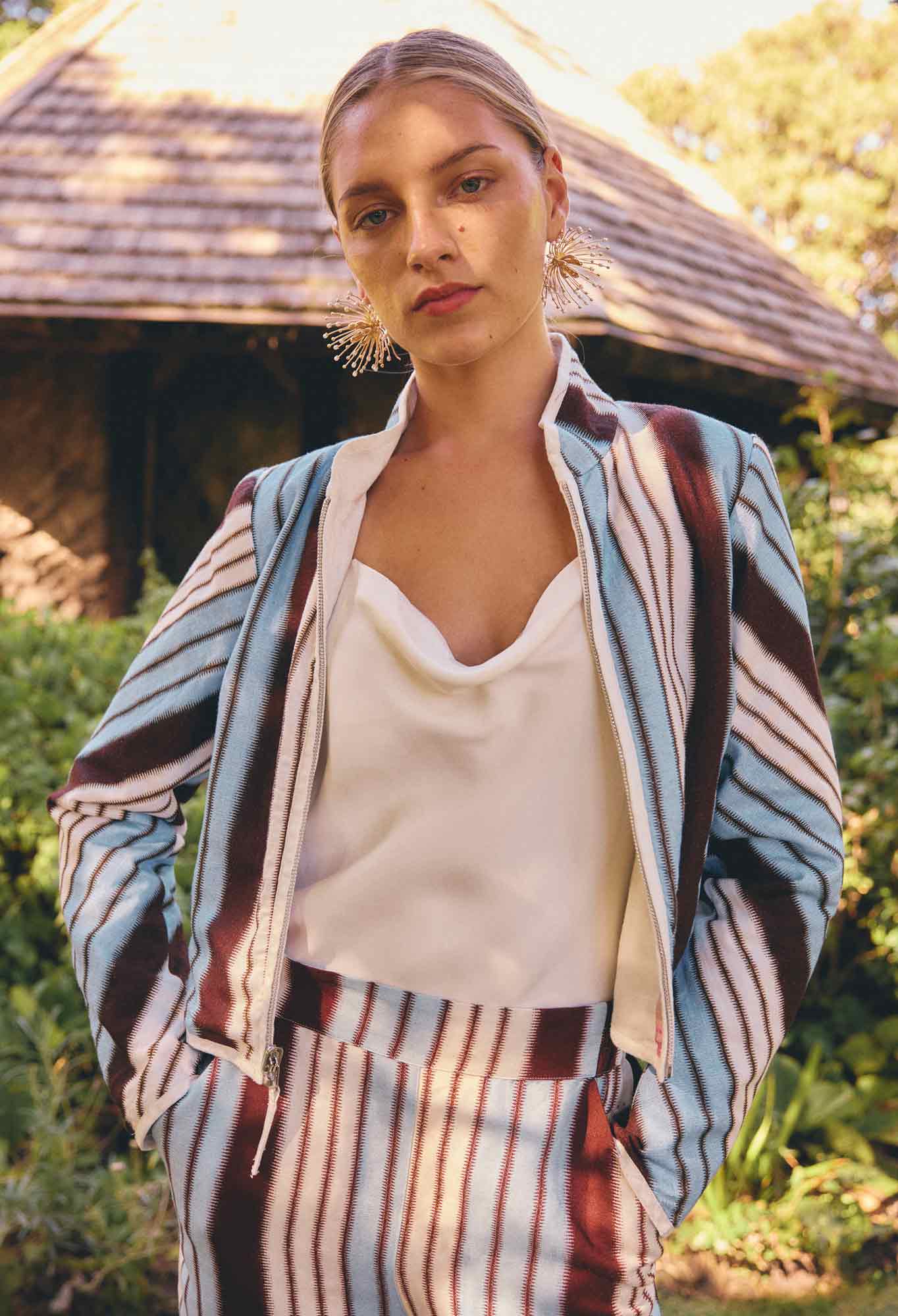 Once Was Delray Reversible Printed Linen Viscose Jacket - Nautilus Bloom/ Iridescent Stripe
