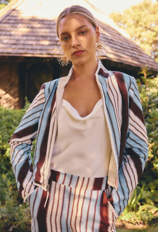Once Was Delray Reversible Printed Linen Viscose Jacket - Nautilus Bloom/ Iridescent Stripe