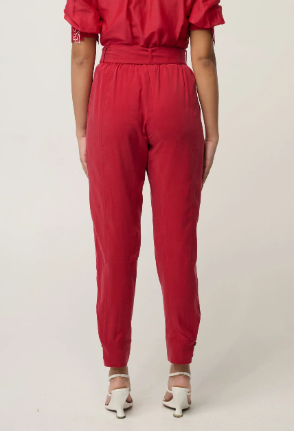 Once Was Trinidad Streatch Cupro Button Calf Pant - Dahlia Red