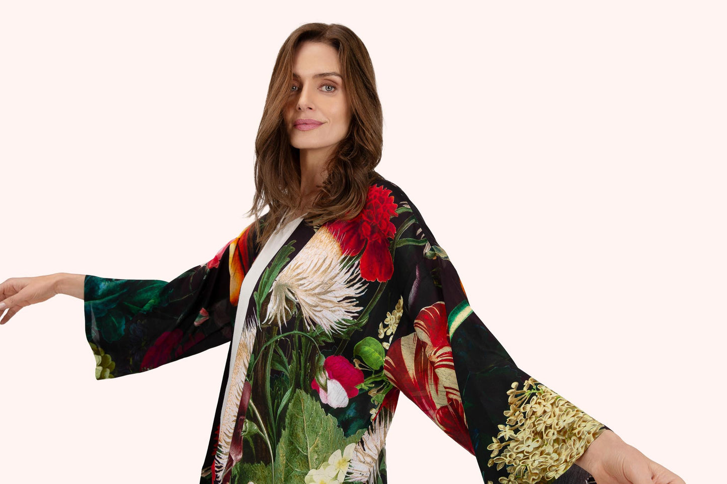 Powder opulent florals mid length kimono