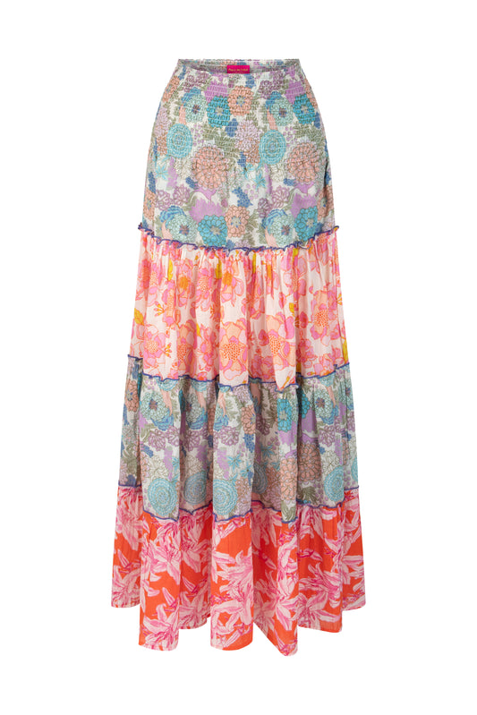Place Du Soleil Cotton Mix Print Long Skirt Multi Panel