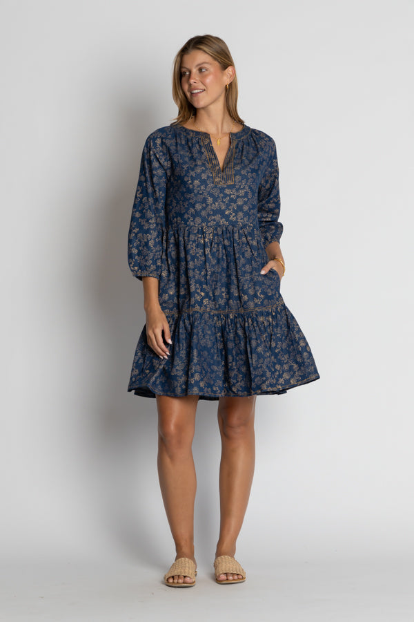 Ibisa Amarillo Tier Dress Gold Print