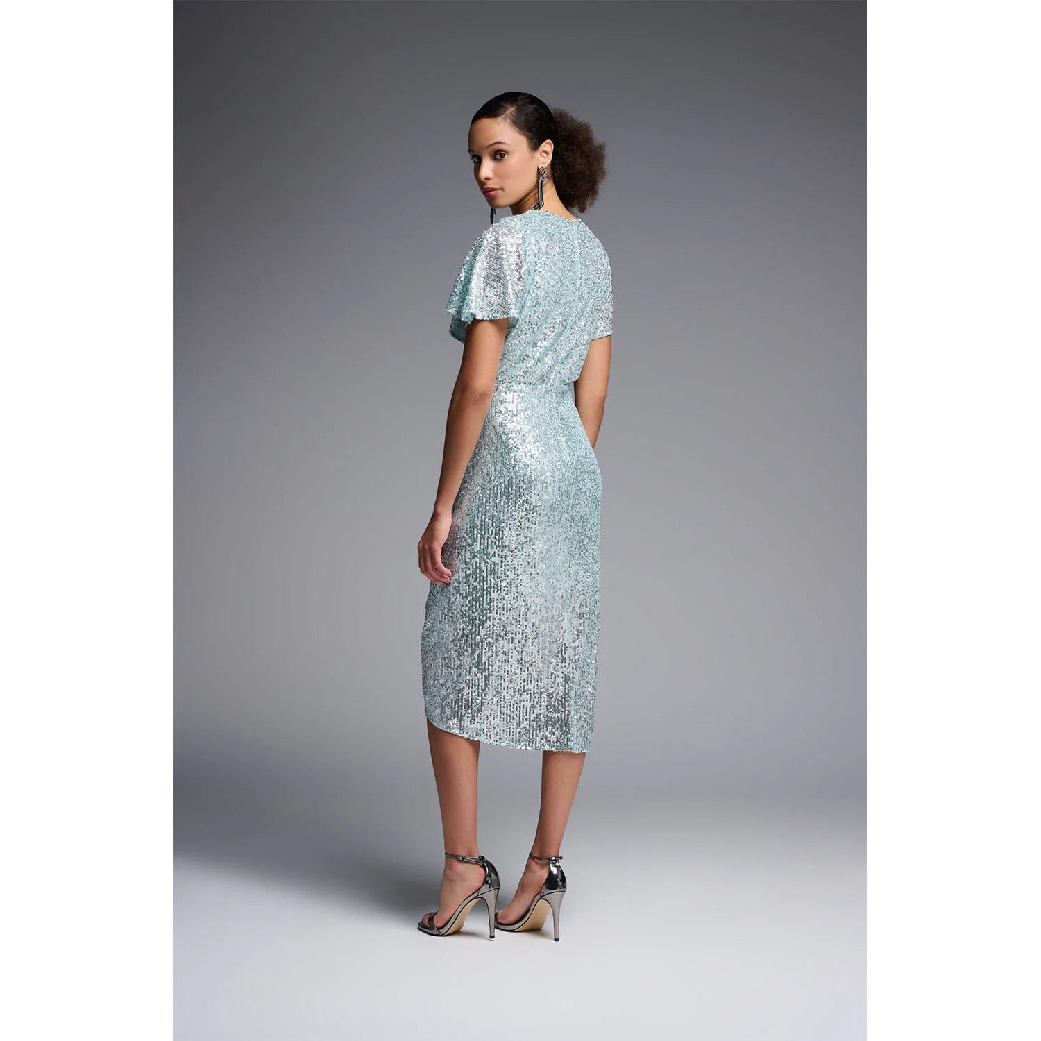 joseph ribkoff silver dress Joseph Ribkoff Quartz/Silver Foiled Pliss Novelty Knit Sheath Dress S DECABANA